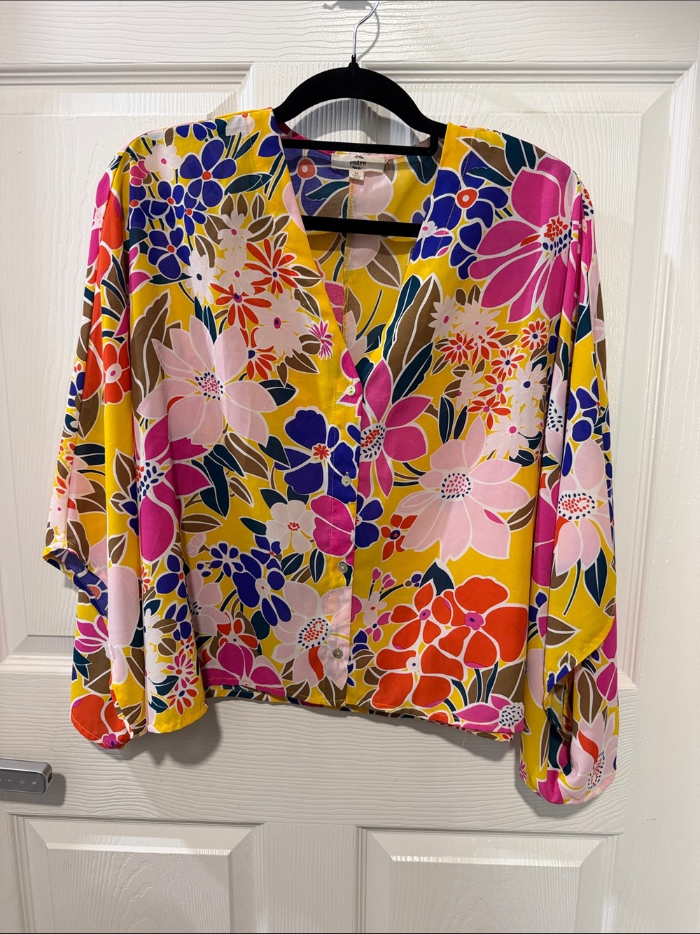 entro Yellow Floral Button-Front Blouse with Pink and Blue Accents